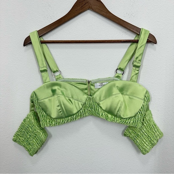 Aliette Green Silk Bralette‎ Smocked Top Sweetheart Neon Green Party Club Sexy - Picture 3 of 6